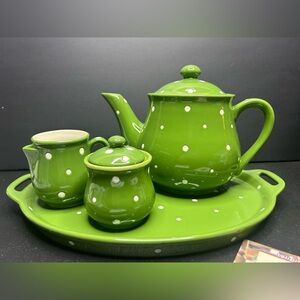 Temp-tations Green & White Polka Dot Tea Set Complete Platter Pot Creamer Sugar